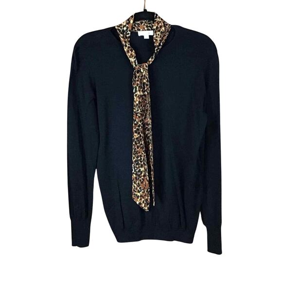 14th & Union Womens Medium Black Sweater Leopard Print Tie Neck Career Pullover - Picture 12 of 12
